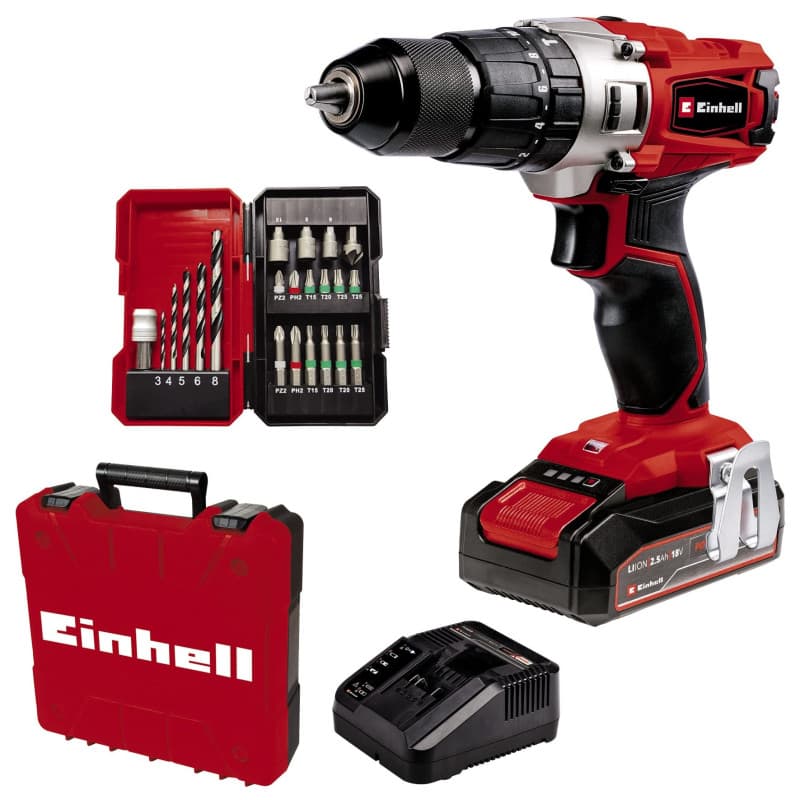 Perceuse Visseuse à Percussion Sans Fil Einhell TE-CD 18/2 Li-i +22 avec Batterie et Accessoires