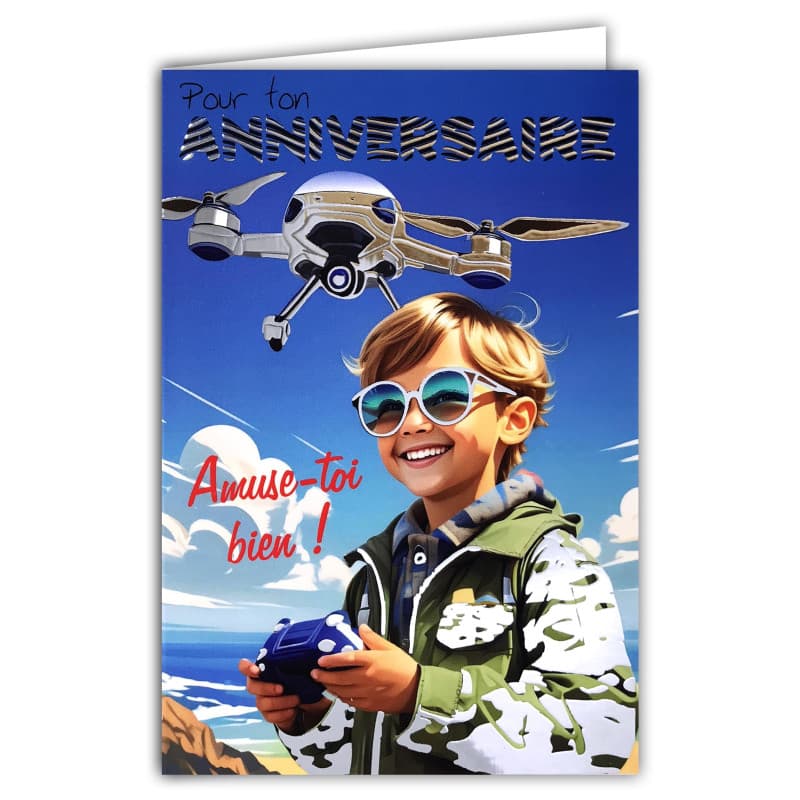 Carte d'Anniversaire Garçon avec Drone Argenté - Format 12x17,5cm