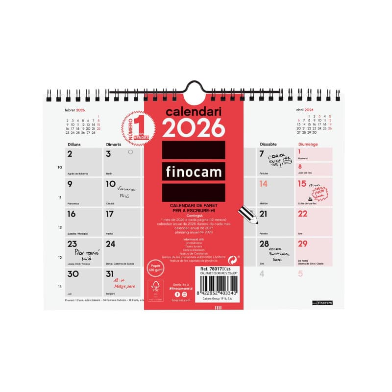 Calendrier mural 2026 Finocam - Planificateur mensuel en catalan