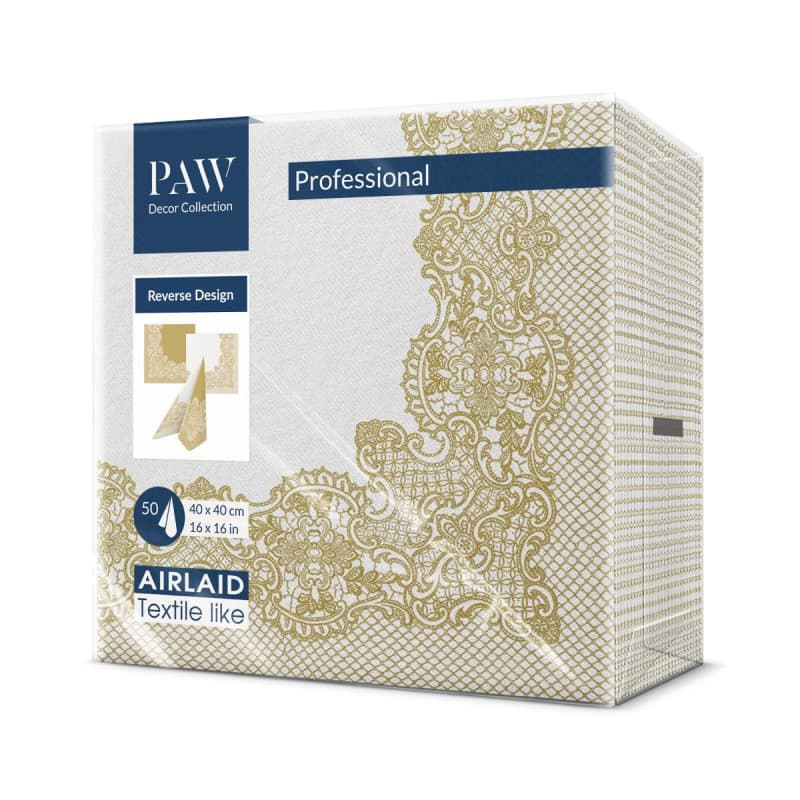 Serviettes de Table en Papier Airlaid - Motif Royal Lace Or-Blanc - 50 Pièces