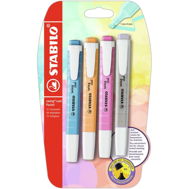 Surligneurs Pastel STABILO Swing Cool - Blister de 4 Couleurs Tendance