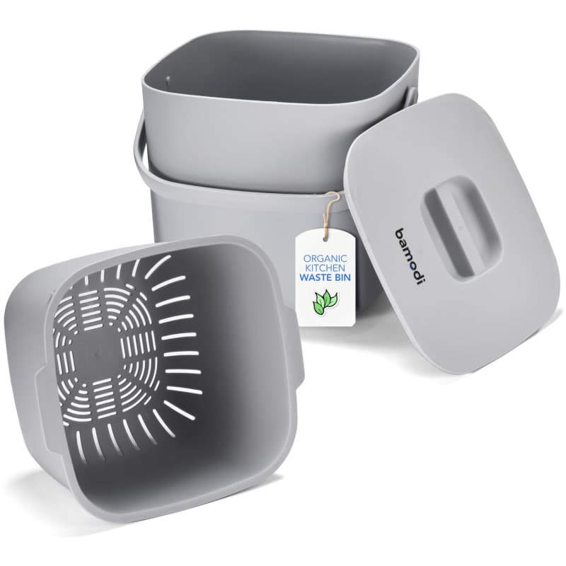 Poubelle de cuisine Bamodi à double compartiment avec filtre à charbon - 7L - Gris