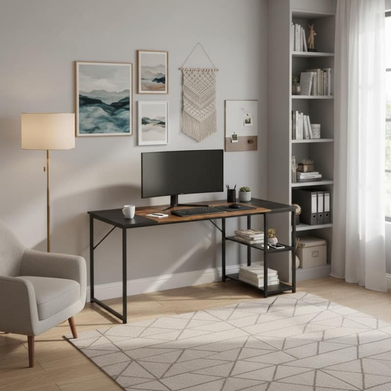 Bureau HOMYLIN avec Étagères Noires - Station de Travail Compacte 140 cm