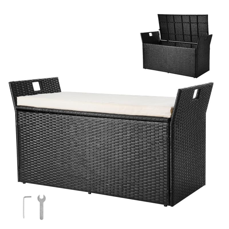 Banc de Rangement Extérieur en Rotin Synthétique avec Coussin - 340 L