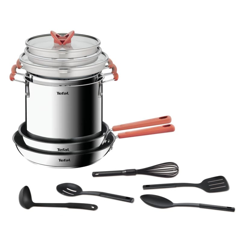 Batterie de cuisine Tefal 13 pièces en acier inoxydable avec couvercles et ustensiles