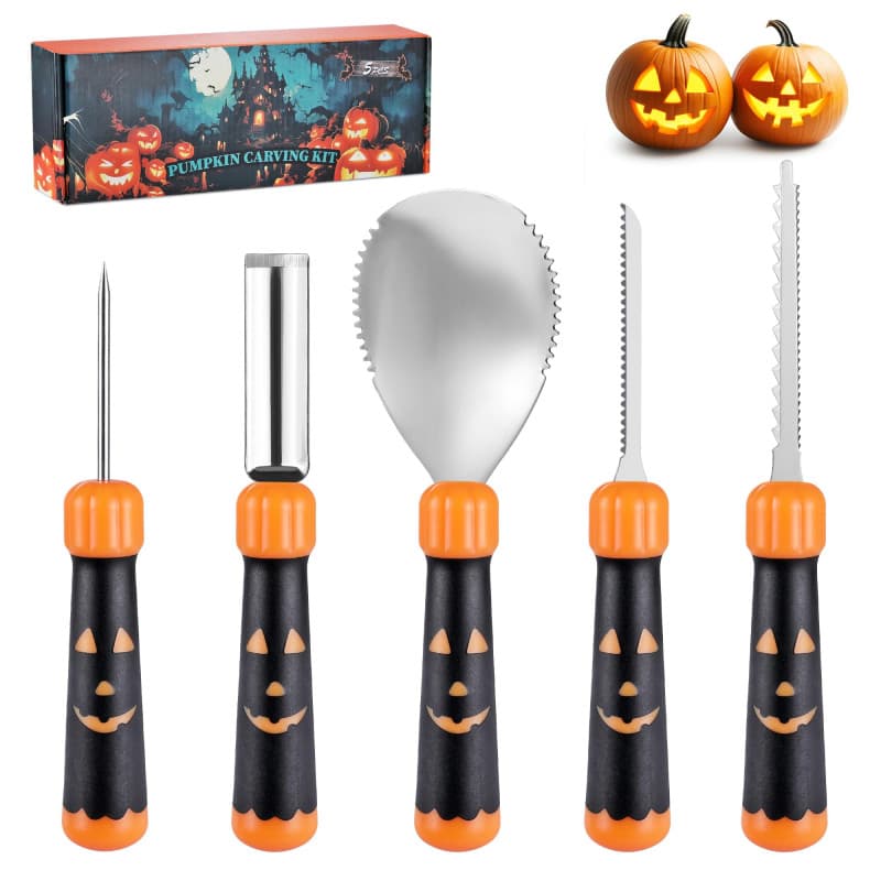 Kit de Sculpture de Citrouille d'Halloween 5 Pièces - Outils Professionnels en Acier Inoxydable