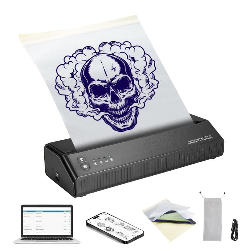 Imprimante de Tatouage Sans Fil VEVOR avec 10 Papiers et Sac de Rangement