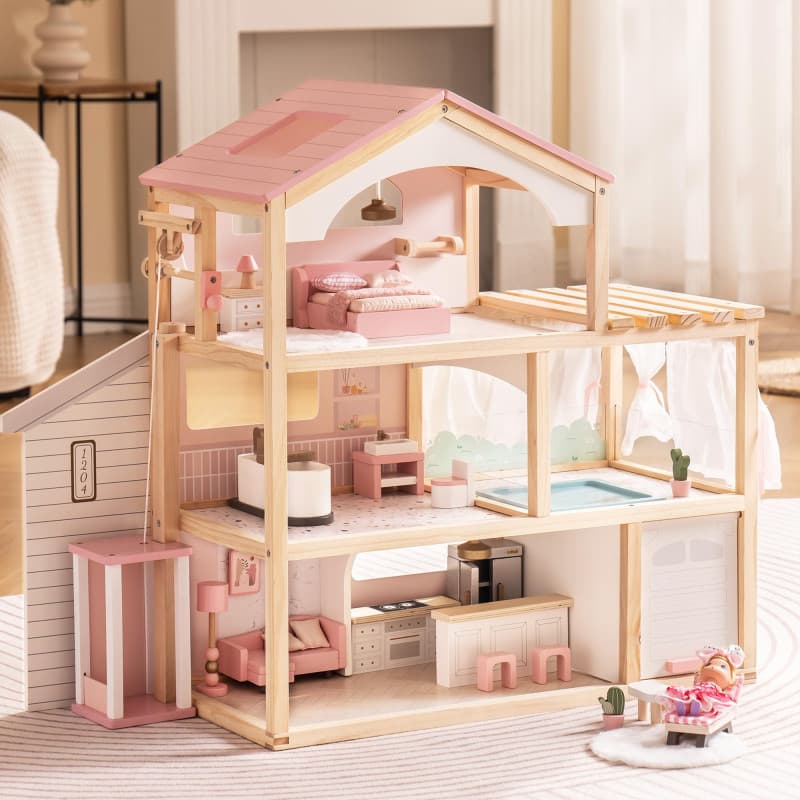 Maison de Poupée en Bois ROBUD avec Meubles et Piscine - Jouet Éducatif pour Enfants