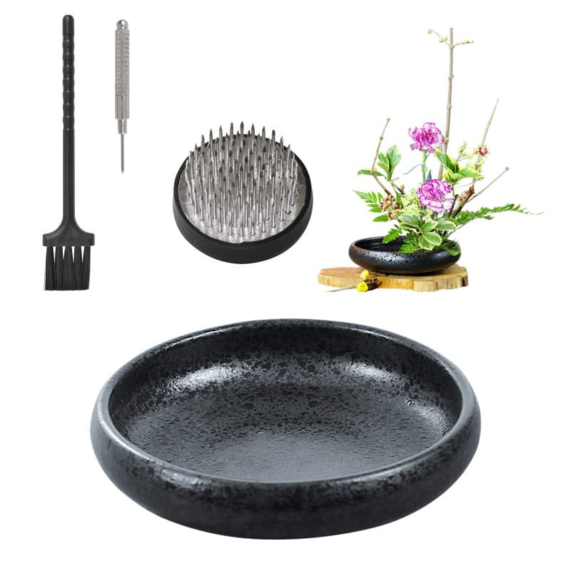 Pot de Fleurs Rond WANDIC avec Porte-Fleurs en Céramique Noir à Pois