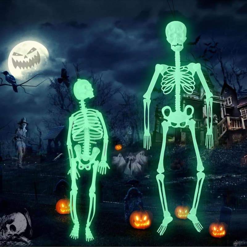 Squelette Fluorescent Halloween Suspendu - 2 Pièces Lumineuses 150cm et 90cm