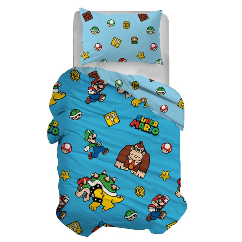 Parure de Lit Super Mario en Coton - Housse de Couette et Taie d'Oreiller