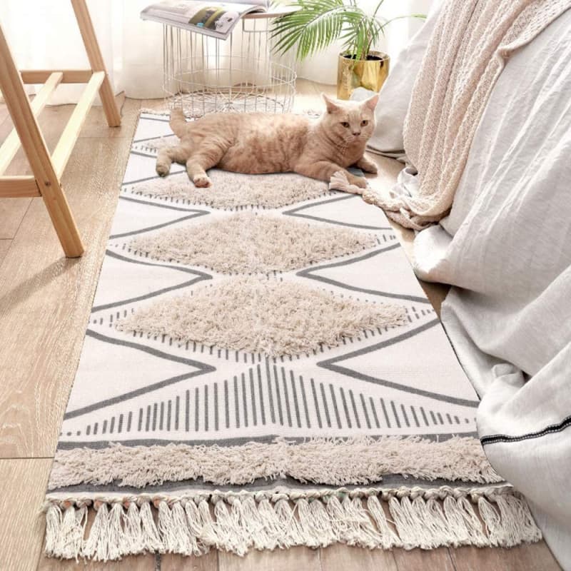 Tapis en coton tufté lavable avec pompons - Style Boho 60x180 cm