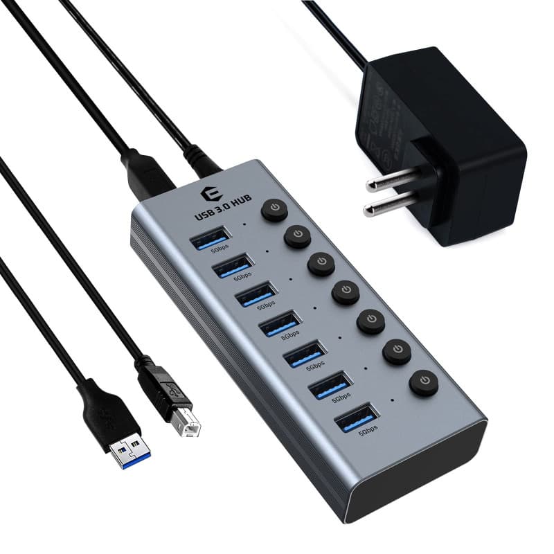 Tymyp Hub USB 3.0 Actif avec Alimentation et Interrupteurs Individuels - 7 Ports