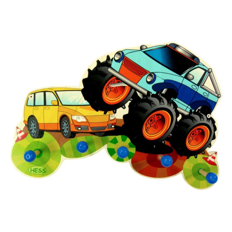Porte-manteau en bois Monster Truck - 5 crochets colorés pour chambre d'enfant