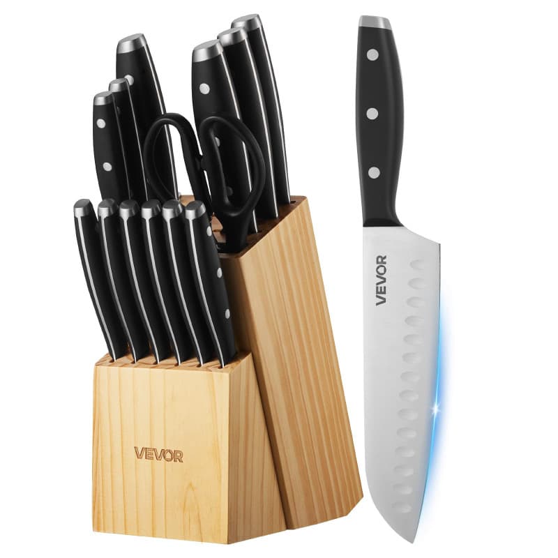 Ensemble de Couteaux de Cuisine VEVOR avec Bloc et Aiguiseur - 15 Pièces en Acier Inoxydable