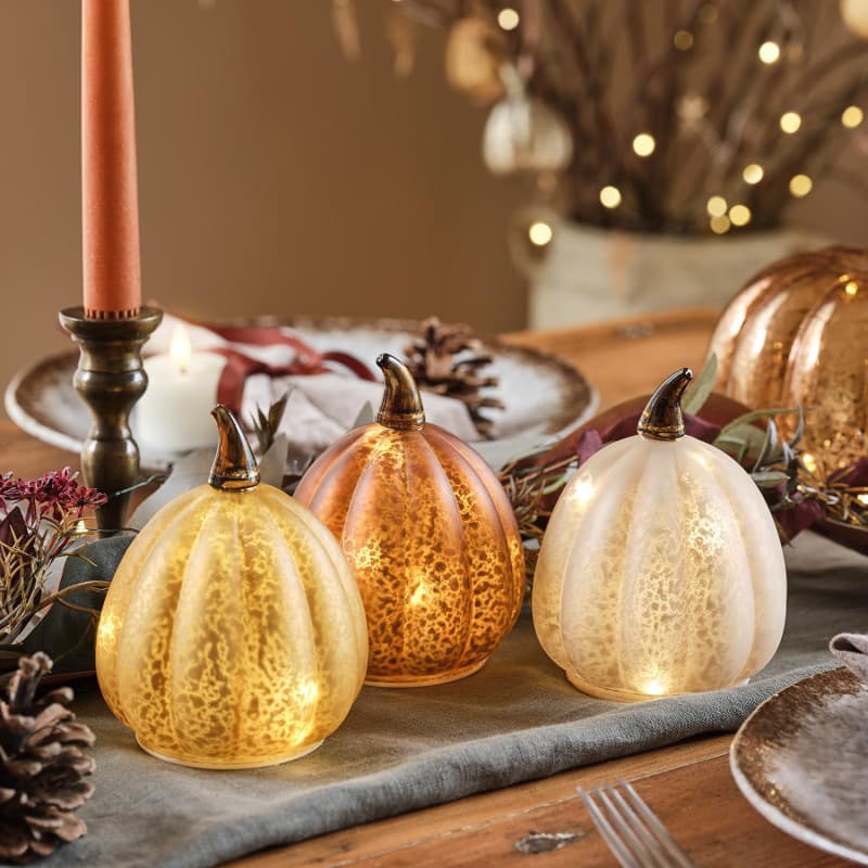 Trio de Citrouilles Lumineuses en Verre avec Minuterie - Décoration Automnale