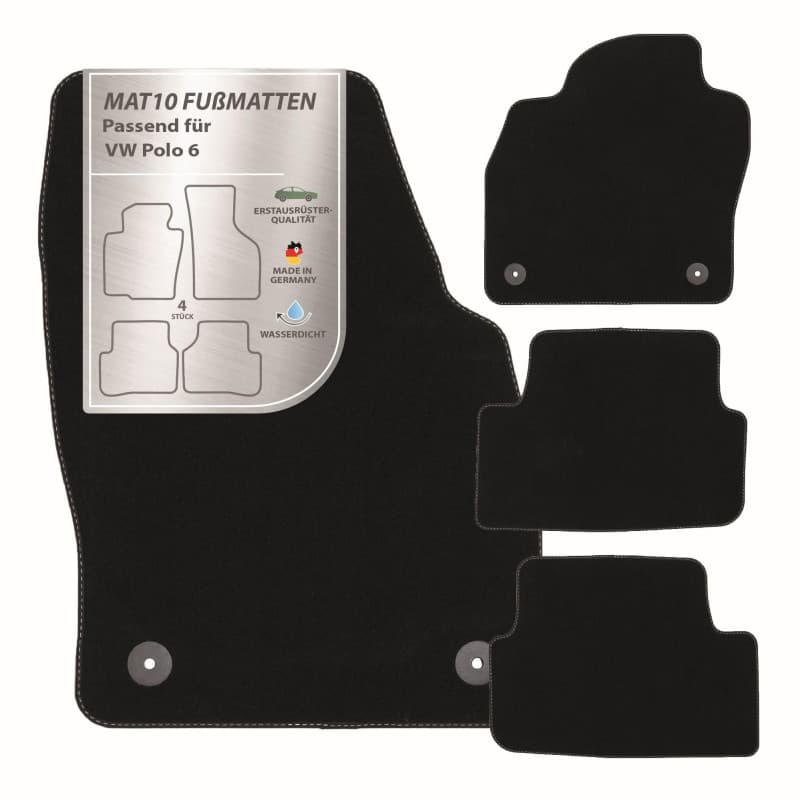 Tapis de Sol Velours MAT10 pour VW Polo 6 (2017-2021) - Lot de 4 - Noir