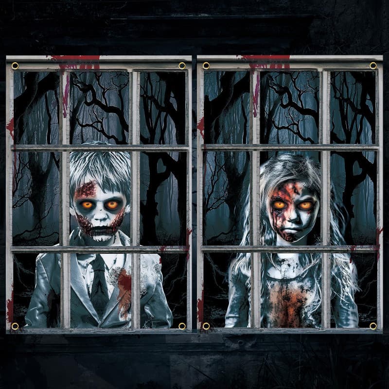 Ensemble de Rideaux Effrayants Halloween - 2 Pièces pour Décoration Intérieure et Extérieure
