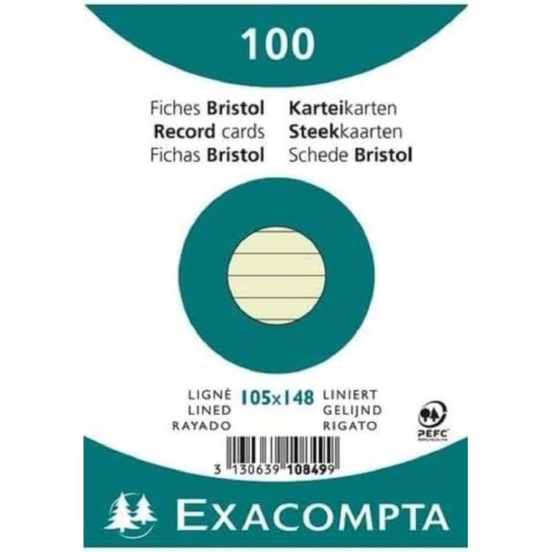 Fiches Bristol Lignées Vertes Exacompta - Paquet de 100 - Format A6