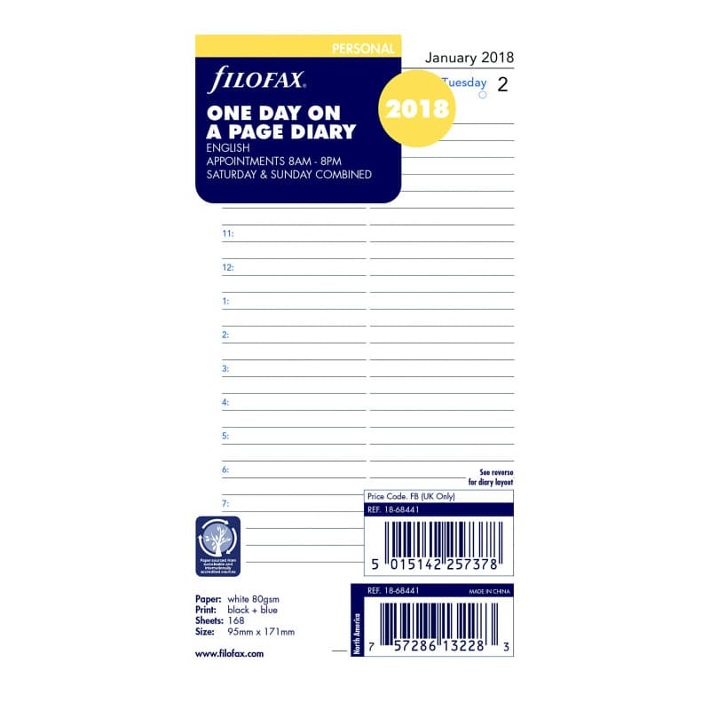 Recharge Papier Filofax Personal Jour Anglais 2018 - Agenda de Rendez-vous