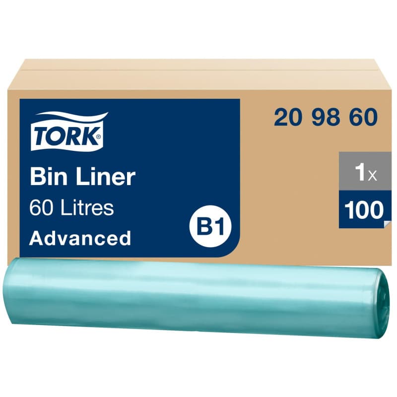 Rouleau de Sacs Poubelle Verts Tork - 100 pièces, 60L, 59 x 93 cm