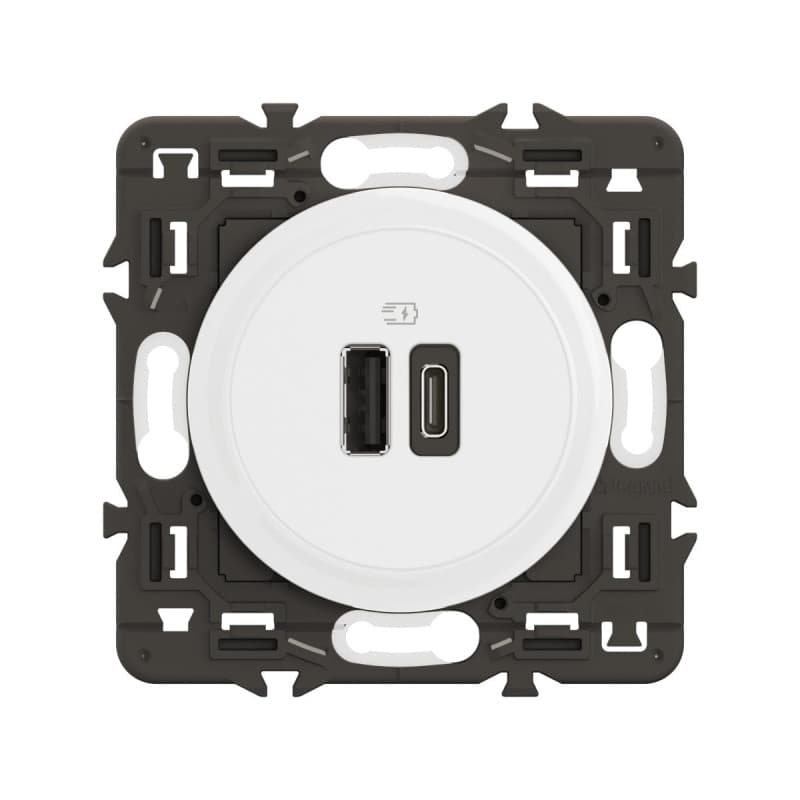 Prise Céliane Legrand Double USB-C et USB-A - Recharge Rapide 3A - Blanc