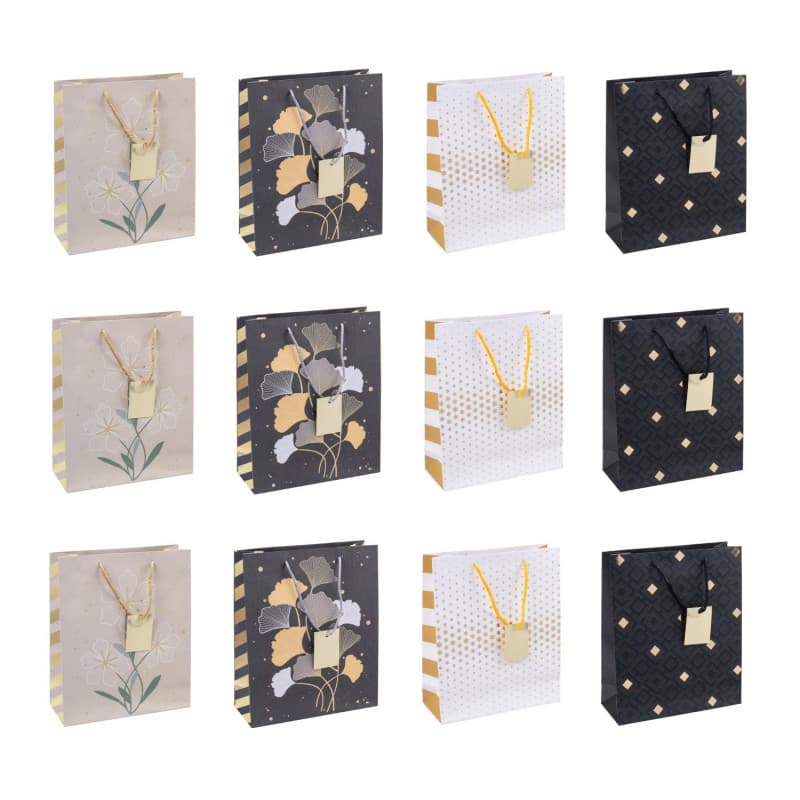 Lot de 12 Sacs Cadeaux Élégants en Plastique - Motifs Variés - 25 x 30 x 10 cm
