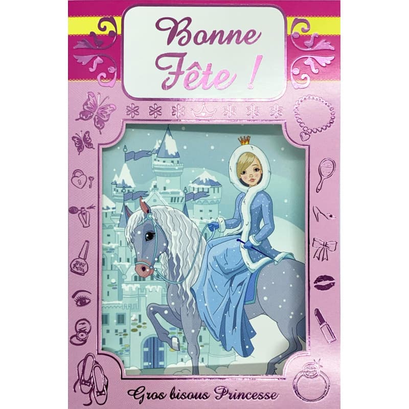 Carte de Vœux Bonne Fête Princesse sur Cheval dans la Neige - 12x17,5cm