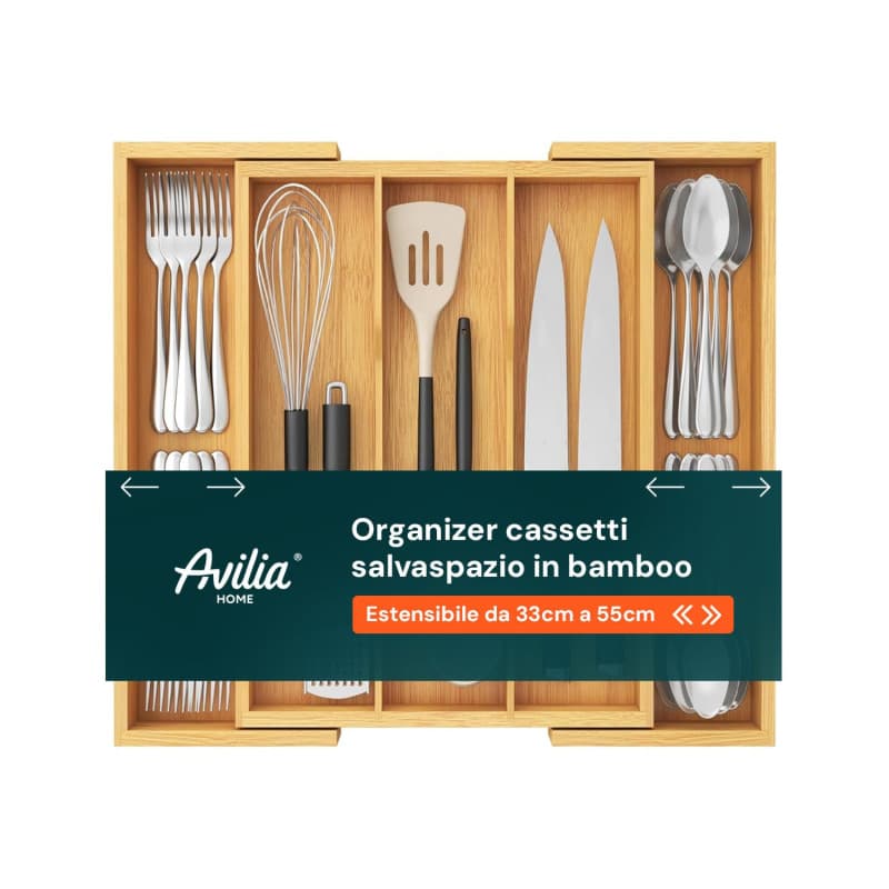 Organisateur de Tiroir en Bambou Avilia avec 5 Compartiments Extensibles