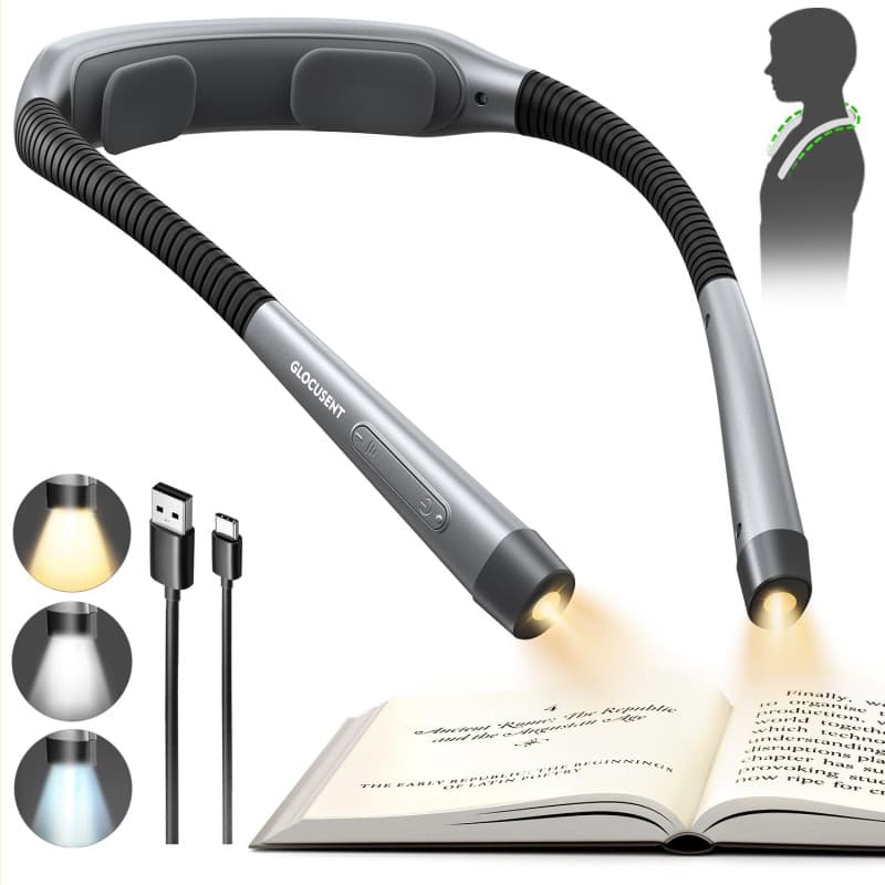 Lampe de Lecture Tour de Cou Glocusent - 3 Couleurs, 5 Niveaux de Luminosité, Rechargeable