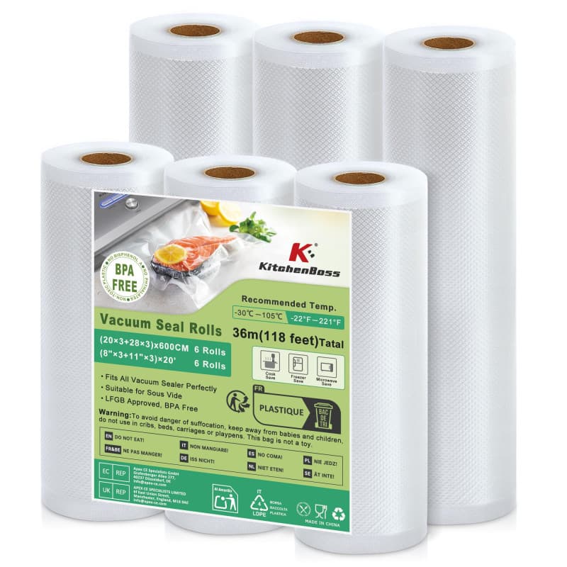 KitchenBoss Sacs Sous Vide Alimentaire - 6 Rouleaux Hermétiques pour Cuisson et Conservation