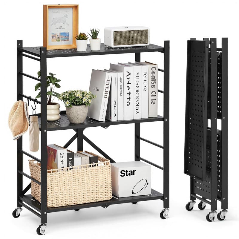 Étagère Pliante Mobile VEVOR 3 Niveaux avec Roulettes - Rangement Pratique Noir