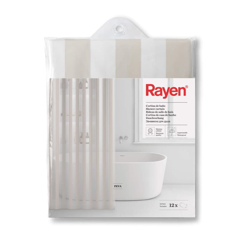 Rideau de Douche Imperméable Rayé en PVC - 180 x 200 cm - Blanc avec 12 Crochets