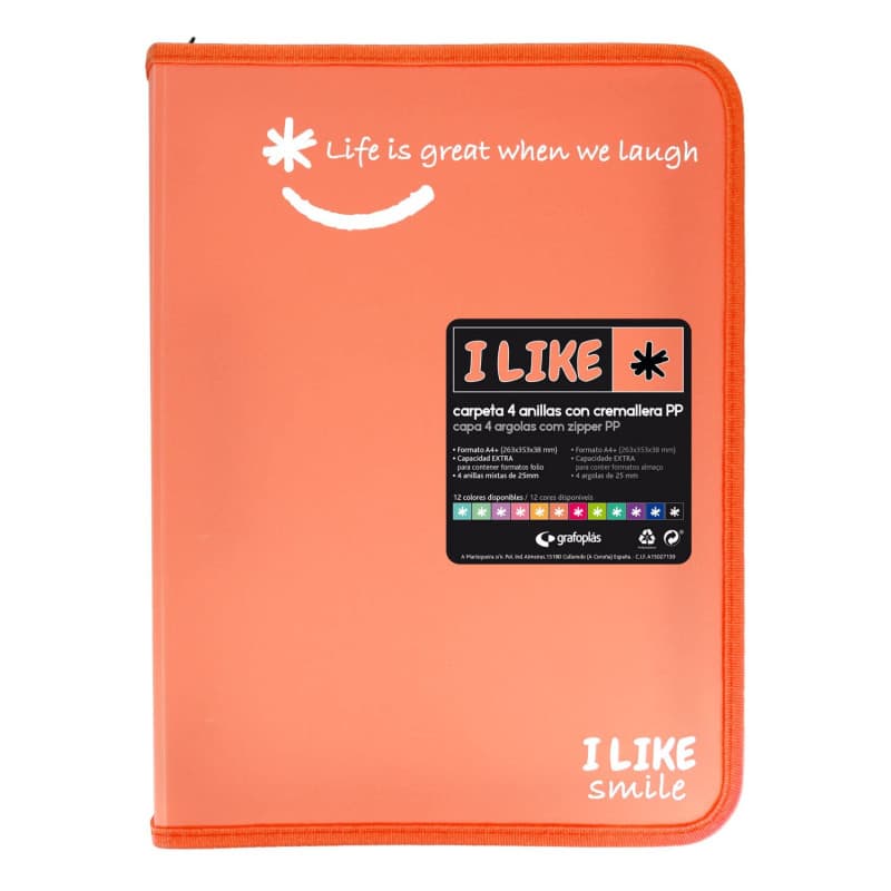 Classeur à Anneaux Grafoplás I Like Smile Corail A4+ avec Fermeture Éclair