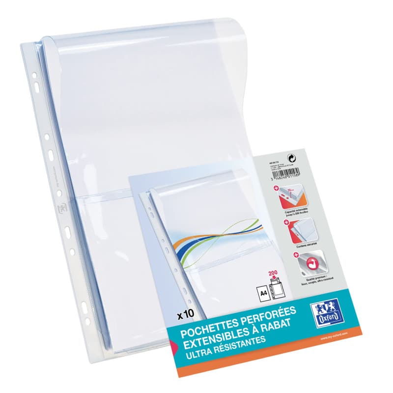 Sachet de 10 Pochettes A4 Transparentes avec Rabat - Oxford