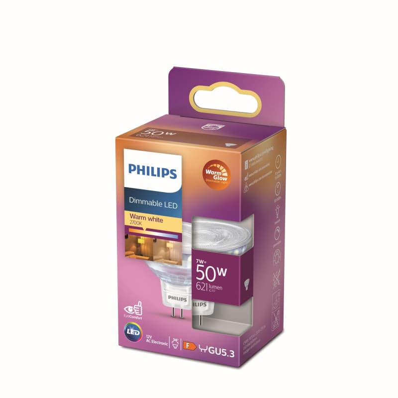 Ampoule LED Philips GU5.3 50W Blanc Chaud, Compatible Variateur