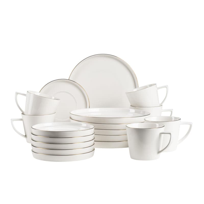 Service d'assiettes Sita pour 6 personnes en porcelaine blanche avec bord doré