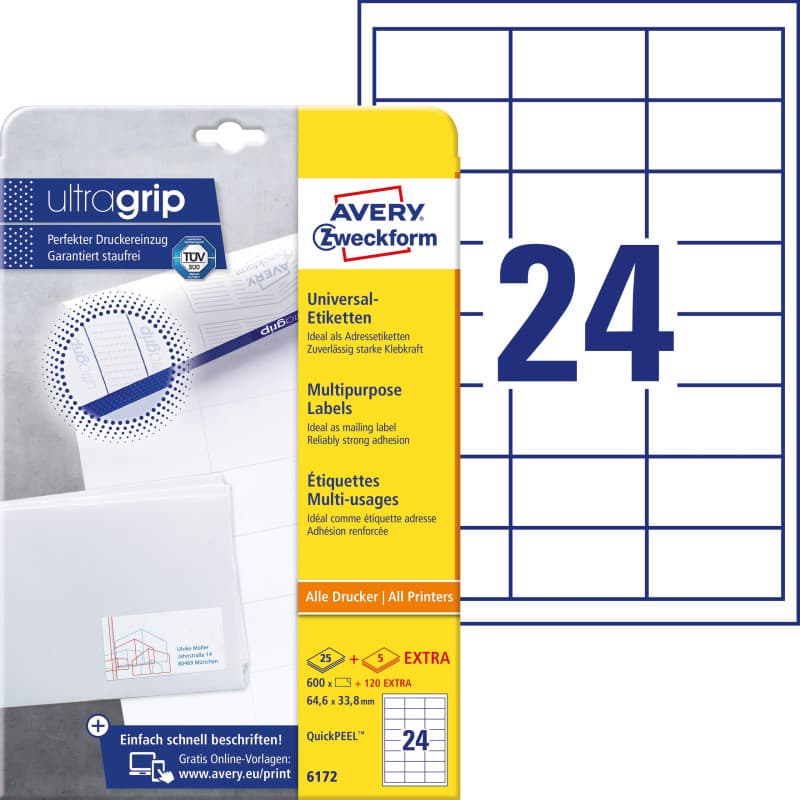 Lot de 600 Étiquettes Universelles Blanches AVERY Zweckform 64,6 x 33,8 mm