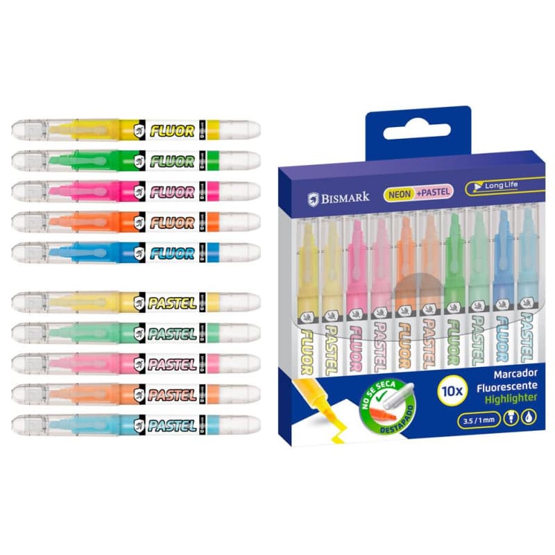 Surligneurs Fluo-Pastel Long Life Bismark - Lot de 10 Couleurs