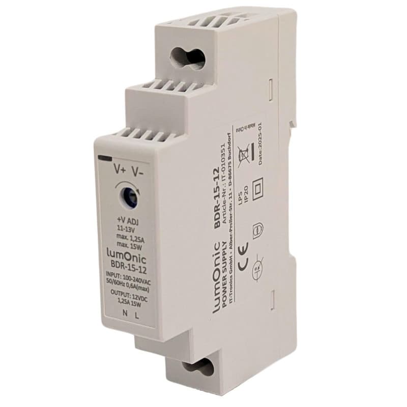 Bloc d'alimentation DIN Lumonic BDR-15-12 - 12V 15W avec protection surcharge
