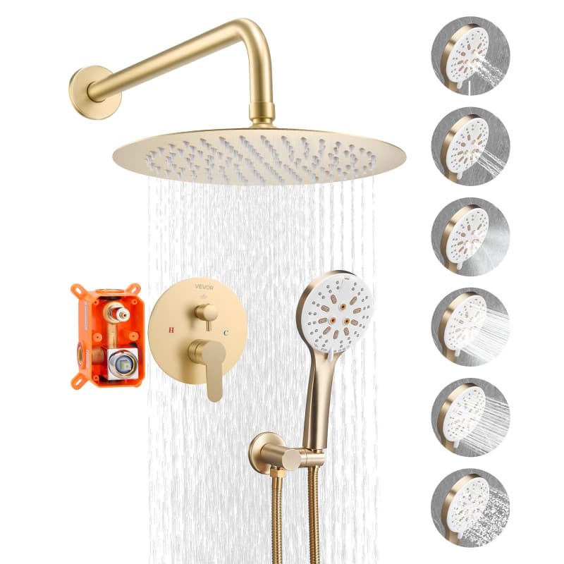 Ensemble de Douche Encastrable VEVOR avec Pommeau Rond et Douchette à Main - Or Brossé