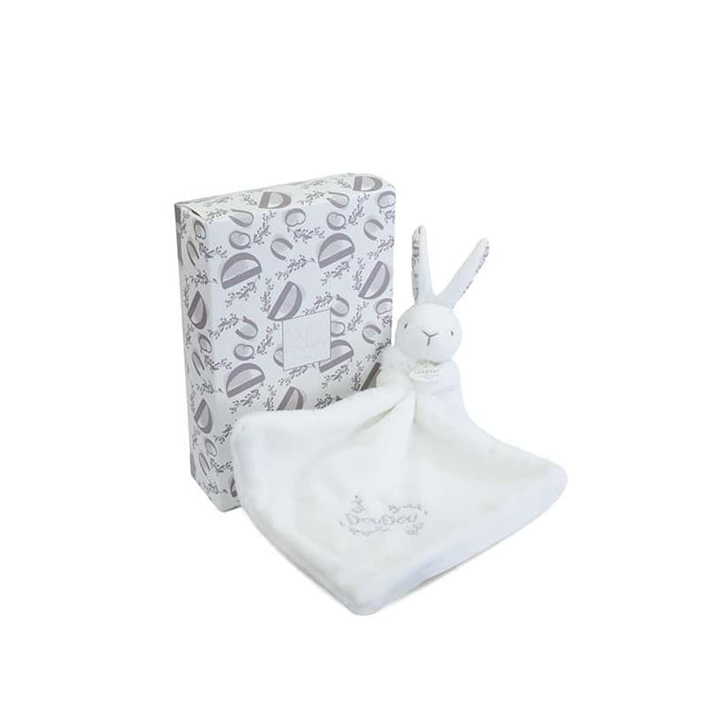 Lapin Doudou Blanc Ultra Doux avec Motif Fleuri - Peluche Bébé