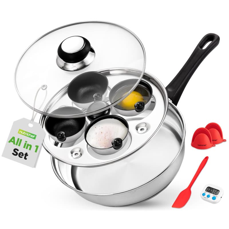 Poêle à Œufs Pochés NutriChef en Inox 20 cm avec Couvercle en Verre