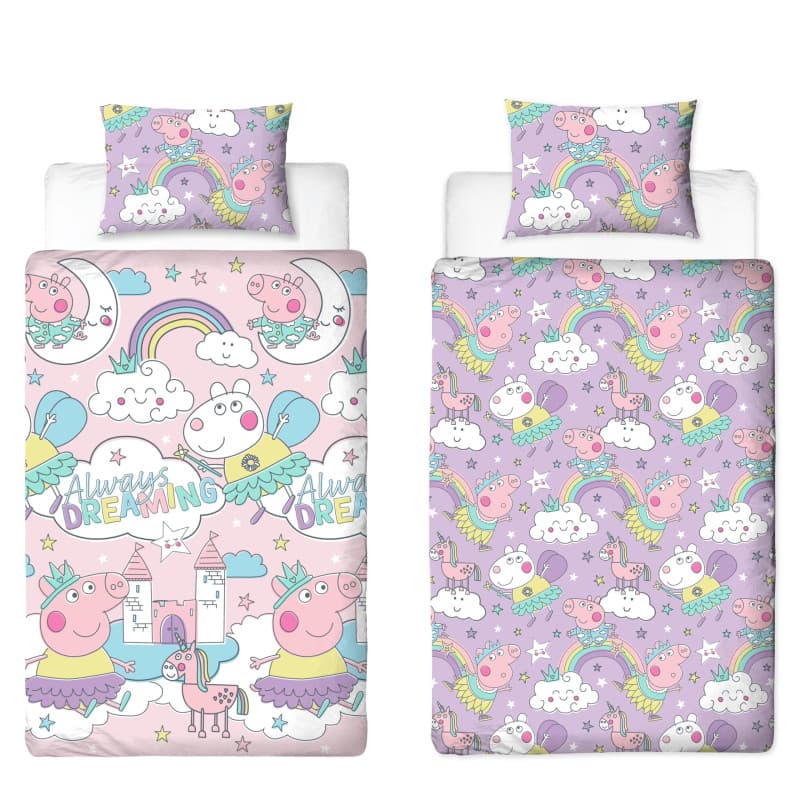 Parure de lit réversible Peppa Pig pour enfants - Housse de couette et taie d'oreiller incluses