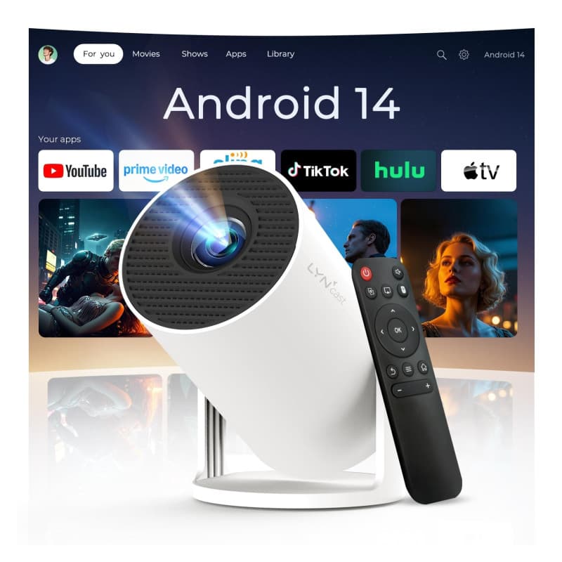 Vidéoprojecteur avec Wi-FI 6 & Bluetooth 5.4, Apps intégrées Supporte 1080P 4K Full HD Mini Video Projecteur, Android 14, Auto K