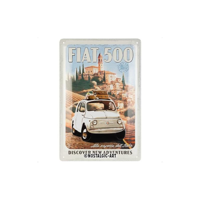Plaque Rétro Fiat 500 - Discover New Adventures en Métal 20x30 cm