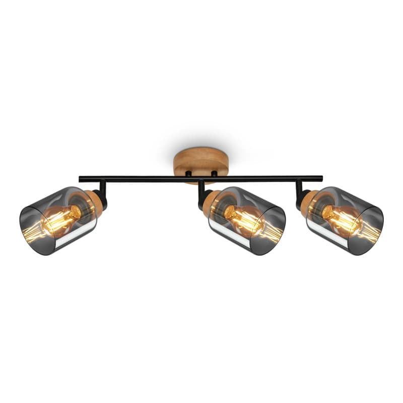 Plafonnier Pivotant en Verre Fumé Noir-Bois pour Salon et Cuisine