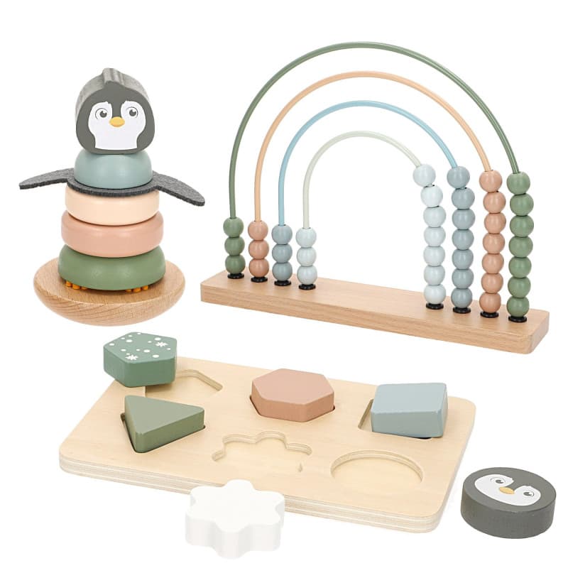 Ensemble de 3 Jouets en Bois Colorés pour Bébé - Abaque, Pingouin et Formes