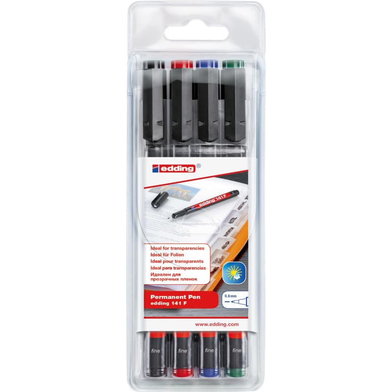 Edding 141 F - Feutres permanents multicouleurs, étui de 4, pointe ronde 0,6 mm
