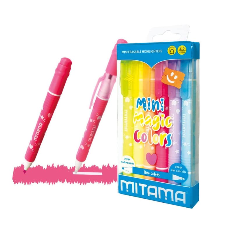 Mitama - Set de 6 Surligneurs Effaçables Mini Magic Colors en Pet Box